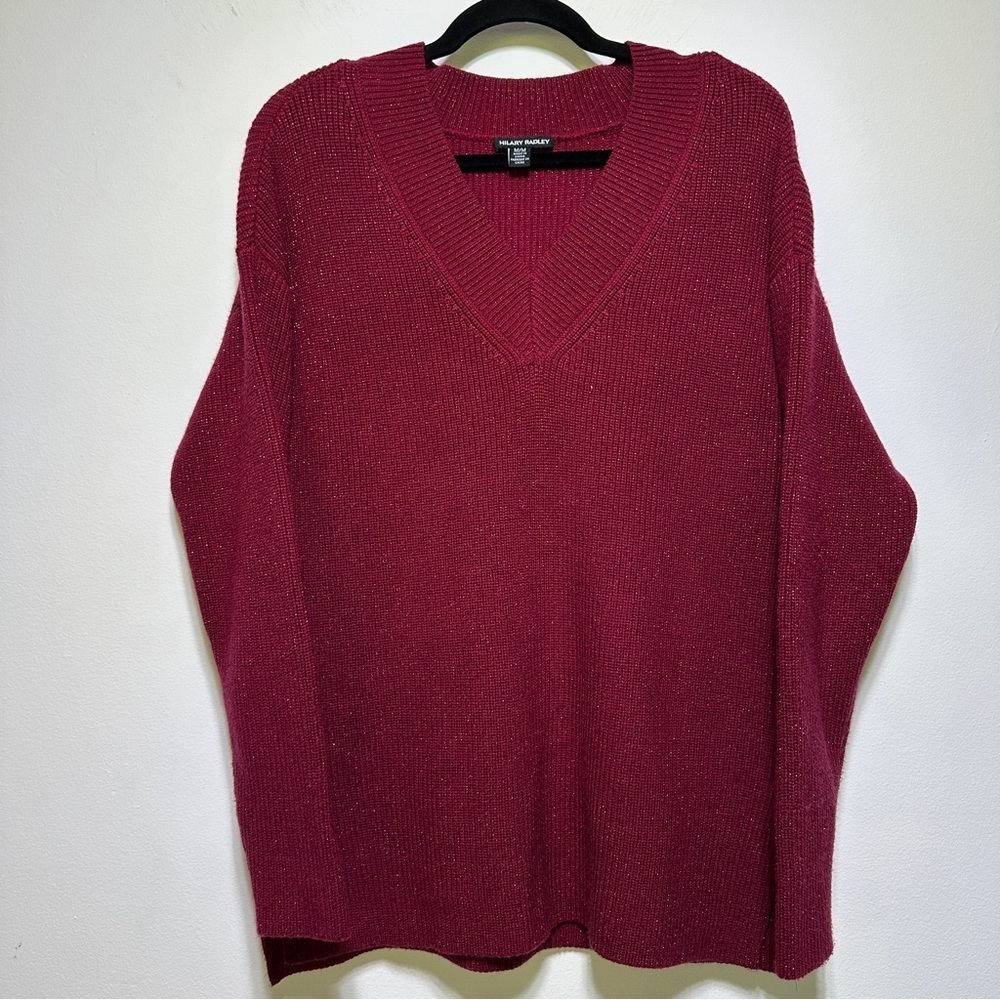 Hilary Radley Burgundy Shimmer Knit V Neck Sweater Lightweight Pullover Size M